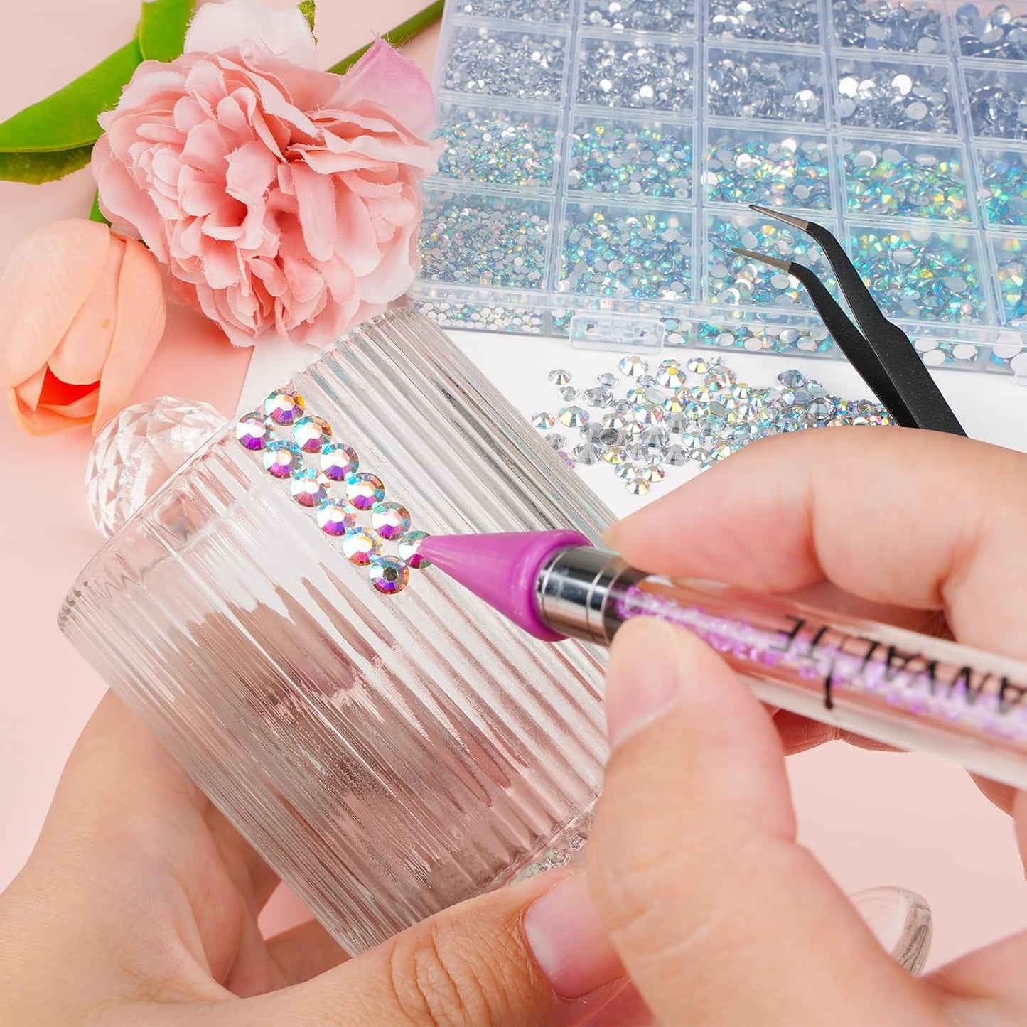 Canvalite 25000PCS Resin Jelly Rhinestones for Crafting,Clear AB Flatback Gems, Bedazzling Crystal with 5 X 2.5g B7000 Jewelry Glue and Tweezers and Dotting Pen for DIY Crafts Clothing Shoes Nail Art