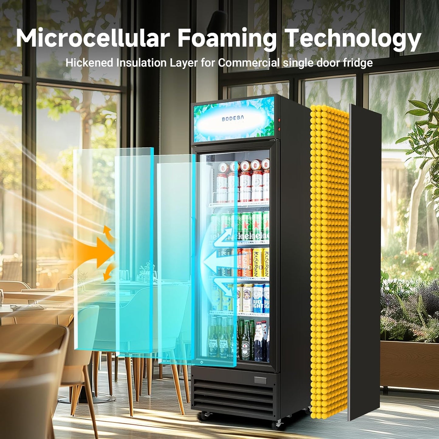 BODEGACOOLER Beverage Refrigerator and Cooler, Commercial Refrigerators with 4 shelves, Commercial Fridge with Soft LED Light. Merchandiser Refrigerators as Black Bar Cooler For Party, 9.0 Cu. Ft