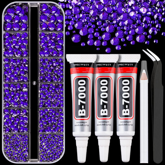 Resin Rhinestones for Crafting with B7000 Jewelry Glue, 1 Box Blue Purple Flatback Crystals with 3Pcs 10ml Glue for Bedazzling Crafts DIY Nail Art Makeup，Non Hotfix Gems for Clothing Shoes
