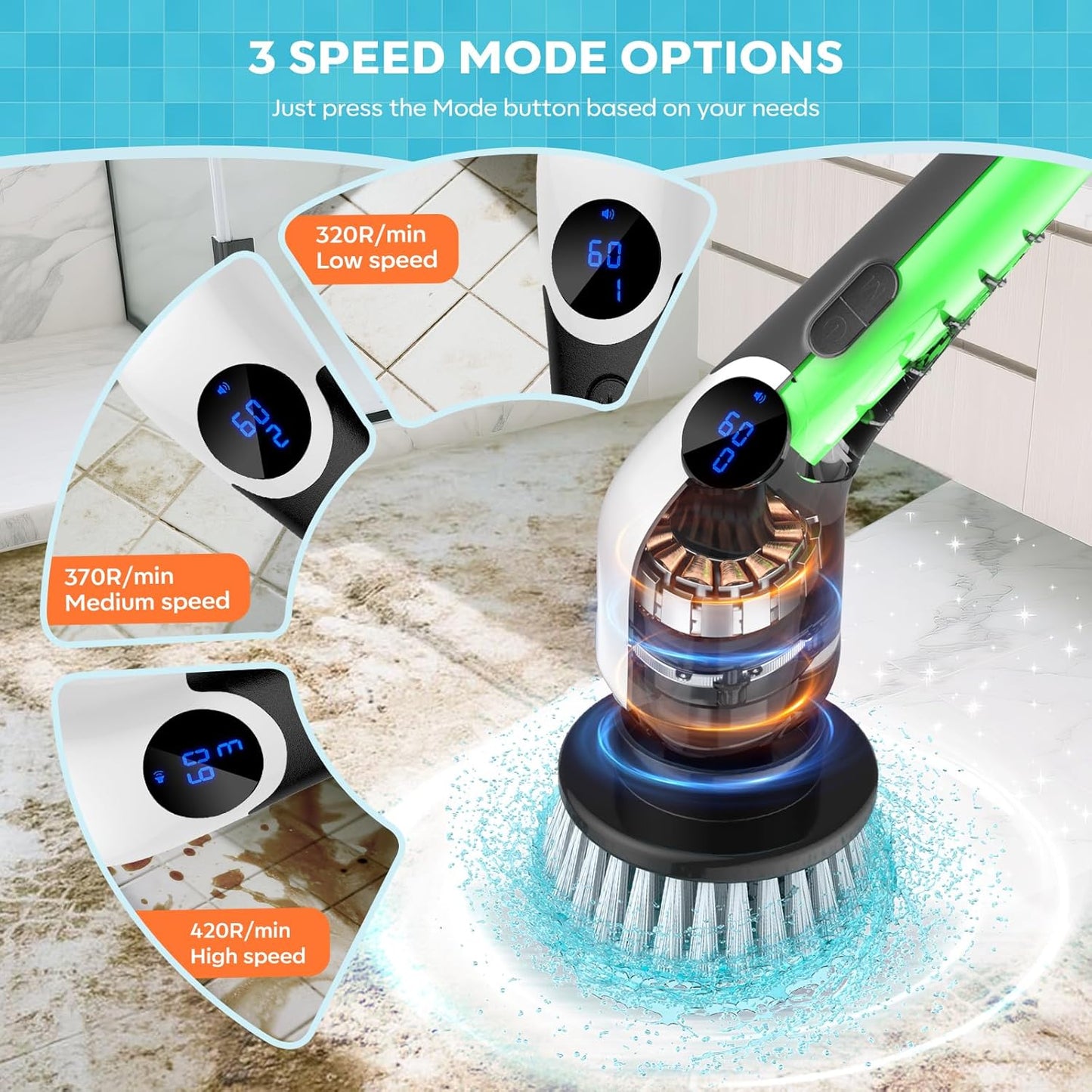 YKYI Electric Spin Scrubber,Cordless Cleaning Brush,Shower Cleaning Brush with 8 Replaceable Brush Heads, Power Scrubber 3 Adjustable Speeds,Adjustable & Detachable Long Handle,Voice Broadcast