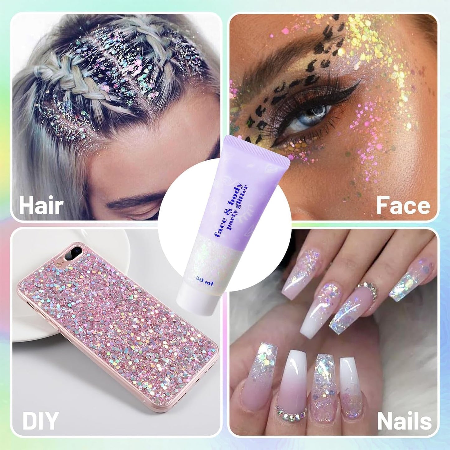 DAGEDA Iridescent Body Glitter Gel, Holographic Face Glitter Body Gel Rave Party Accessories, Chunky Glitters for Face Hair Nails, Cosmetic Laser Powder Festival Sequins Paint Makeup