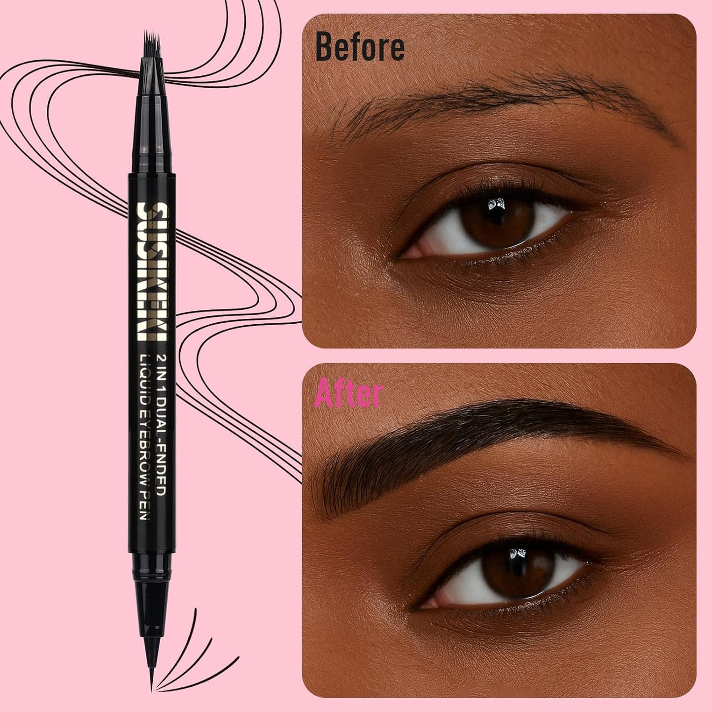 Dual Ended Microblading Eyebrow Pen - 2 in 1 Liquid Eyebrow Pencil with Brow-Fection Angled Brush & Precise Detail Brush-Tip, Shapes & Fills HairLike Looking Brows, Lasts All-Day, Soft Black
