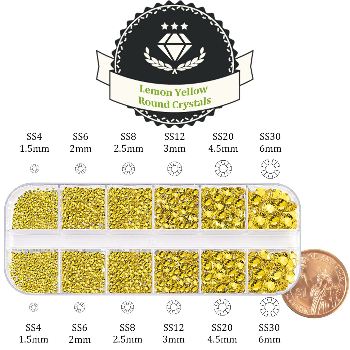 One Pack 2000 Pcs of Flatback Round Lemon Yellow Rhinestones 6 Sizes (1.5-6 mm) with Nail Art Rhinestone Picker Pencil and Tweezer for DIY and Salon Use