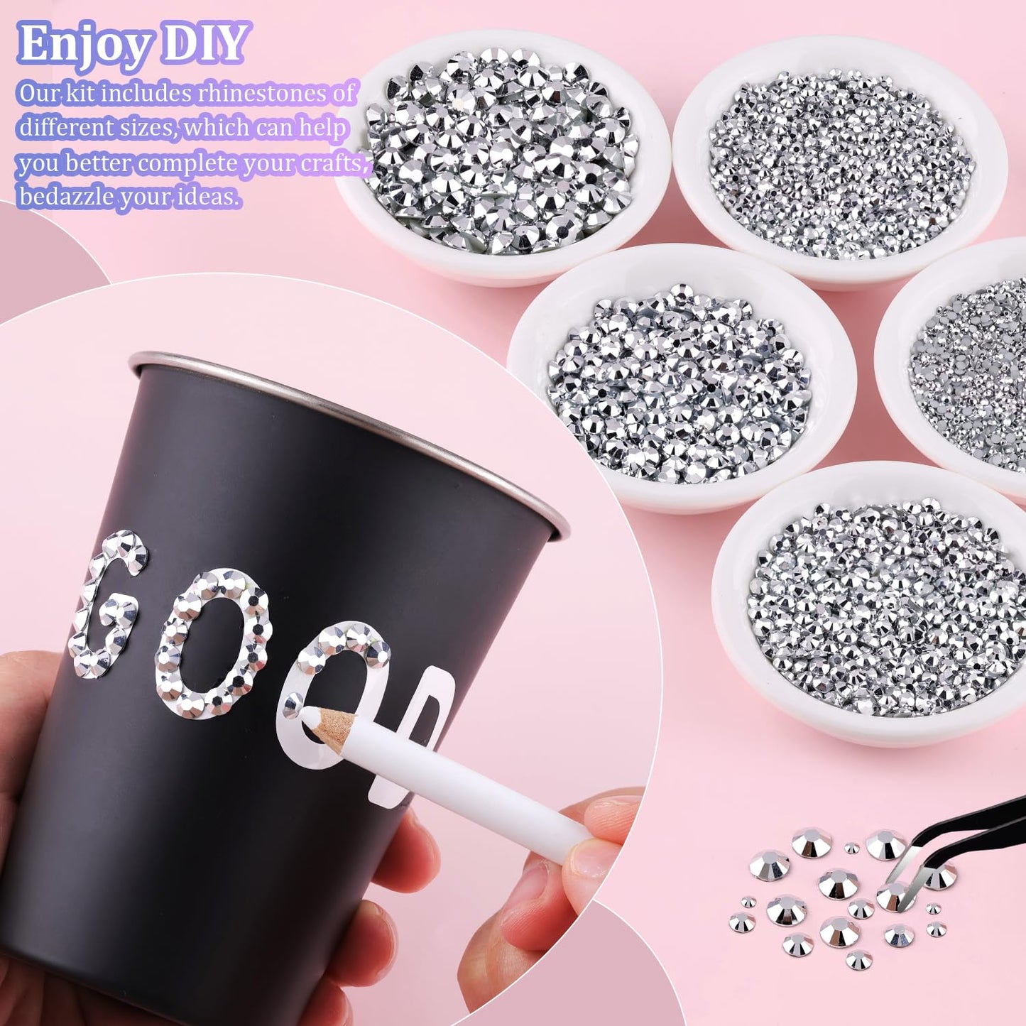 25000Pcs Resin Rhinestones with Tweezers for Crafting, Silver 2-6mm Mixed Sizes Non Hotfix Flatback Gems, Bedazzling Crystal for DIY Craft Clothing Mugs Tumblers Shoes Fabric Decor Nail Art