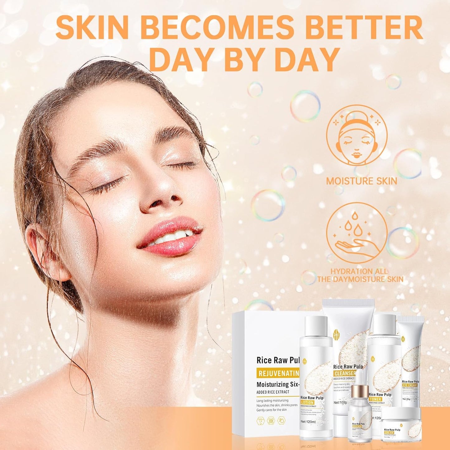 Rice Deep Nourishing Facial Care Set, 6Pcs Face Care Set for Women, Skin Care Set Includes Facial Cleanser, Toner, Lotion, Essence, Cream and Eye Cream.