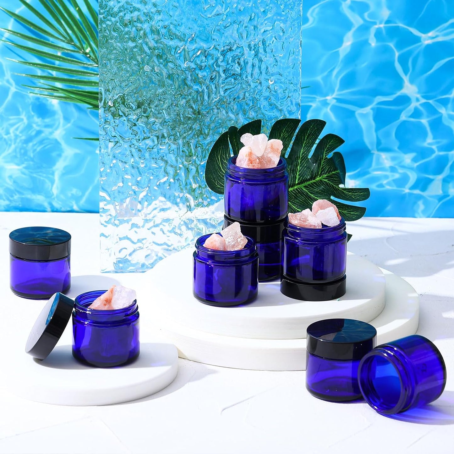 Domensi 32 Pcs 2 oz Glass Jars with Lids Travel Size Round Leakproof Empty Cosmetic Jars with Inner Liners Lid for Storing Makeup Lotions Face Cream Ointments Candle DIY Making (Cobalt Blue)