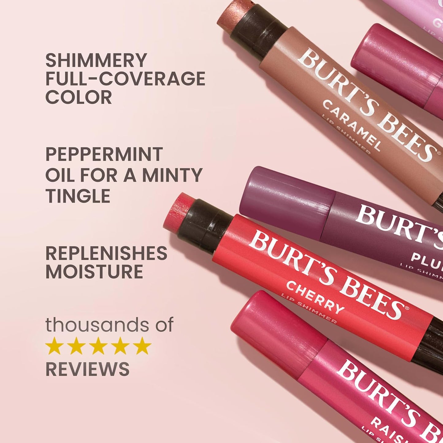 Burt's Bees Lip Shimmer Pink Collection, Tinted Lip Balm Stick, Moisturizing for All Day Hydration with Natural Glowy Pigmented Finish & Buildable Color, 3 Shades; Value Pack, 3 Tubes x 0.09 Oz