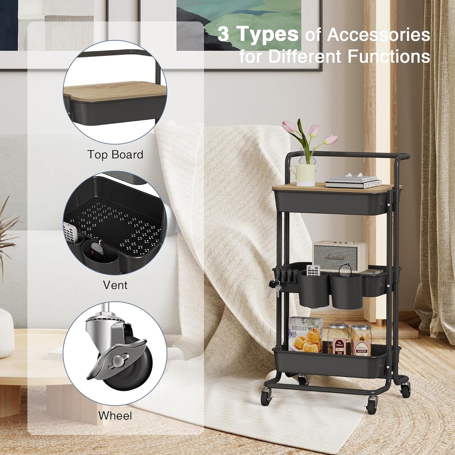 DTK 3 Tier Rolling Cart Uility Cart with Cover Board, Mobile Storage Cart with Wheels, Cups, Hooks for Office Utility Kitchen Bathroom Homeschool Art Craft Postpartum Teacher Cart Organizer(Black)