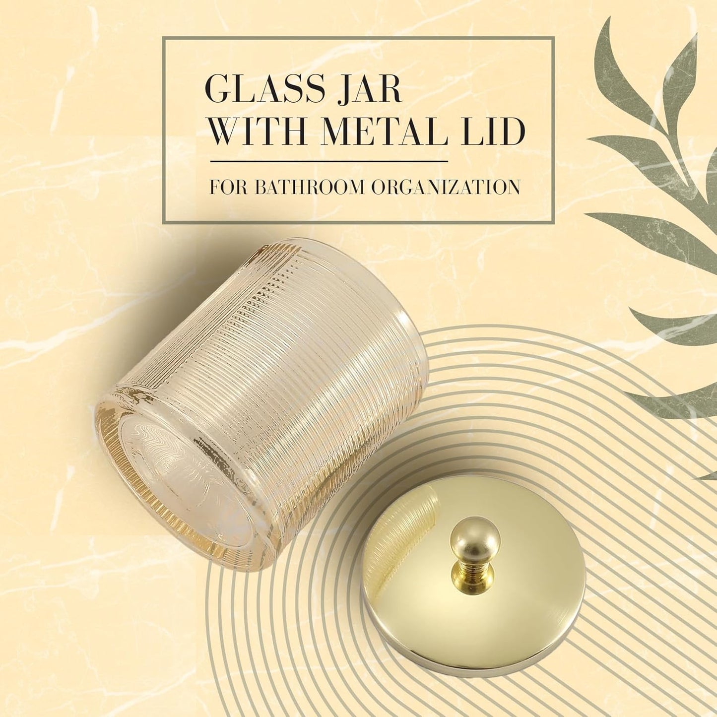 Glass Jar with Metal Lid for Bathroom Organization, Clear Apothecary Jar for Cotton Balls, Q Tips, and Small Accessories, Stylish Bathroom Storage Container Tan, Gold
