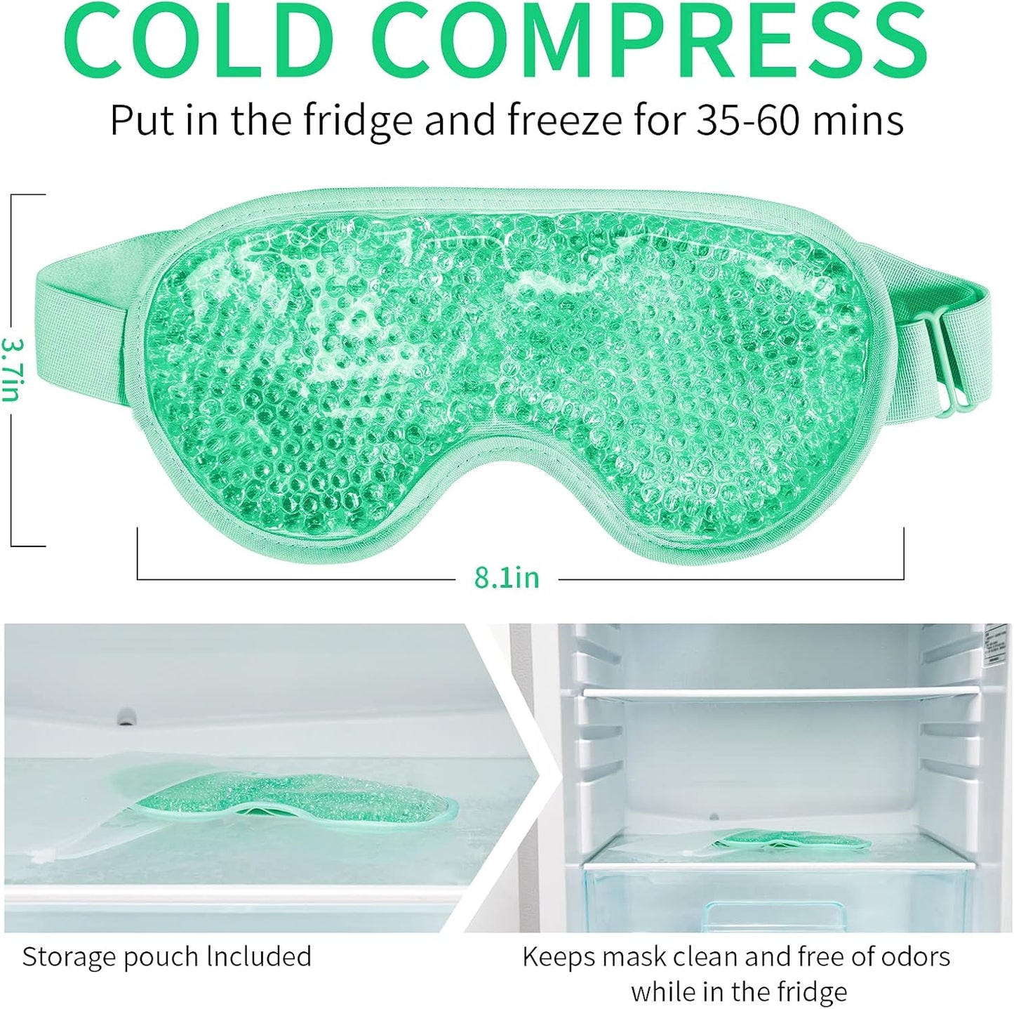 Cooling Eye Mask with Gel Bead, Reusable Cold Compress Ice Pack Sleeping Eye Cooling Pads for After Eyelid Surgery, Puffiness, Puffy Eyes, Headache, Migraine Relief (Green)