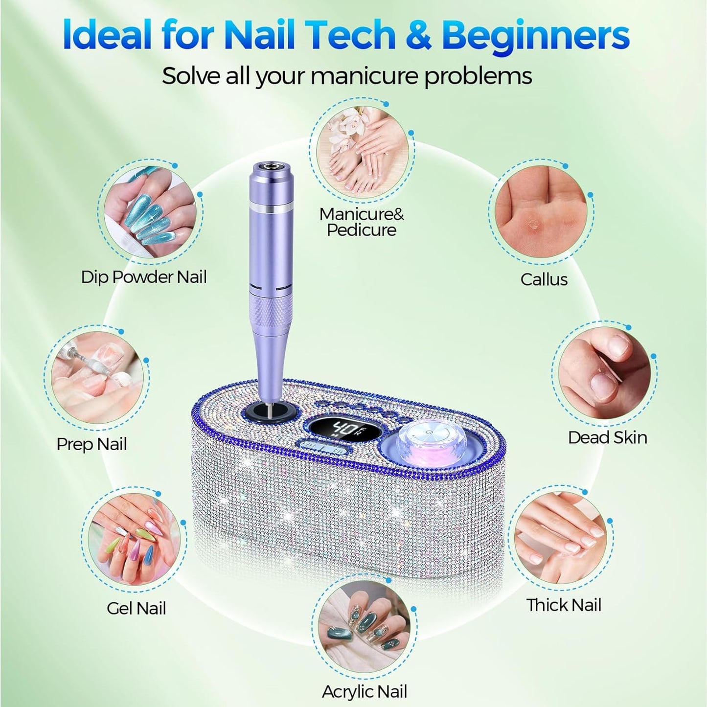 Nail Drill Electric File: DEDNMSCA Sparkly Professional Nail Drill Kit, 40000RPM E-File Machine with 12 Drill Bits for Acrylic Nails Remove Nail Gel Polish Manicure for Salon Home, Diamond