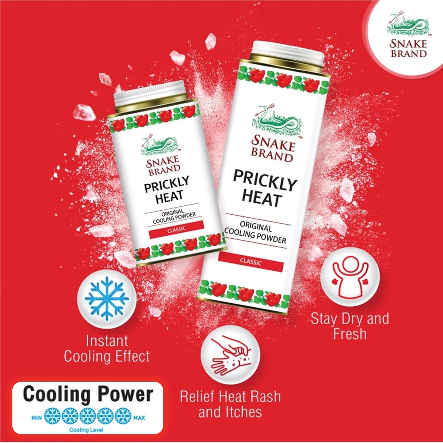 Snake Brand Prickly Heat Cooling Powder for Everyday Use - Anti-Chafing, Heat Rash Relief, Classic Original Scent (9.9 Oz / 280g)