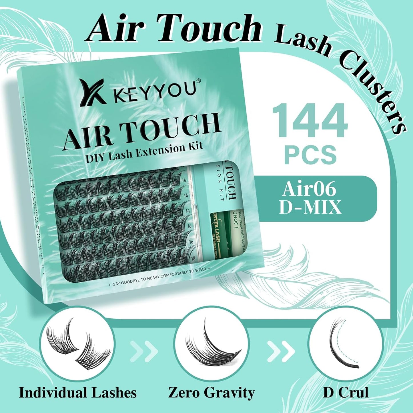 KEYYOU Lash Extension Kit 144pcs Air Touch Lash Clusters with Bond and Seal Lash Applicator Remover D Curl DIY Eyelash Extension Kit Easy to Apply at Home(Air06Kit-D-8-18Mix)