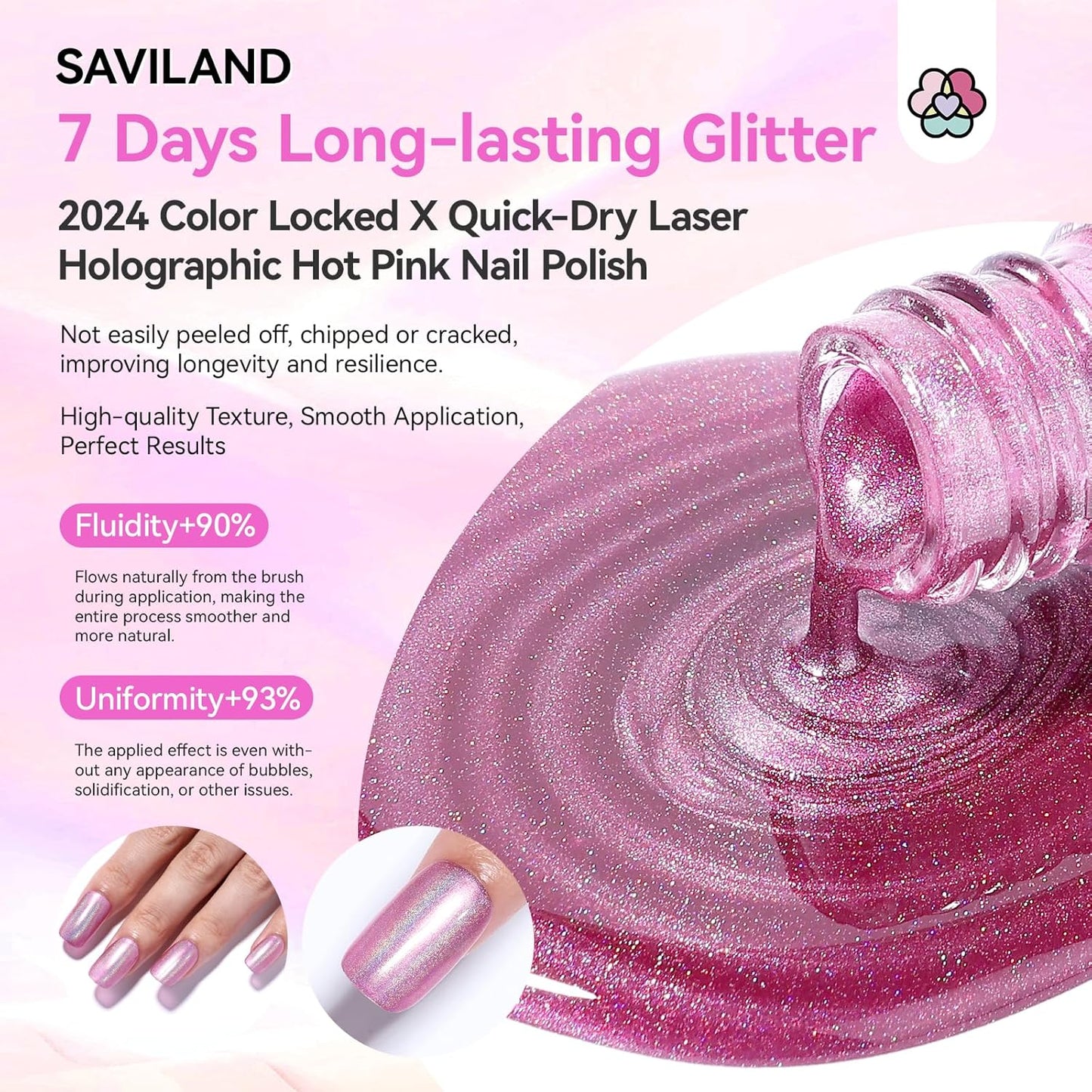 SAVILAND Holographic Nail Polish Pink: Metallic Chrome Nail Polish Air Dry Fast,10 ml/0.34 oz High Glossy Shimmer Glitter Nail Pigment Oil-based Fingernail Polish for Salon DIY Home for Women