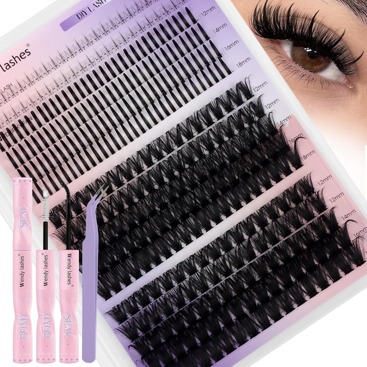 DIY Wispy Lash Extension Kit Individual Spike Manga Lash Clusters Kit with Bottom Lashes, Lash Bond and Seal, Lash Tweezers Eyelash Extension Kit for Self Use(60+80,12-18mm,0.07D,Kit)