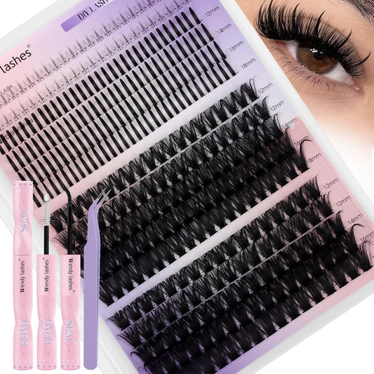 DIY Wispy Lash Extension Kit Individual Spike Manga Lash Clusters Kit with Bottom Lashes, Lash Bond and Seal, Lash Tweezers Eyelash Extension Kit for Self Use(60+80,12-18mm,0.07D,Kit)