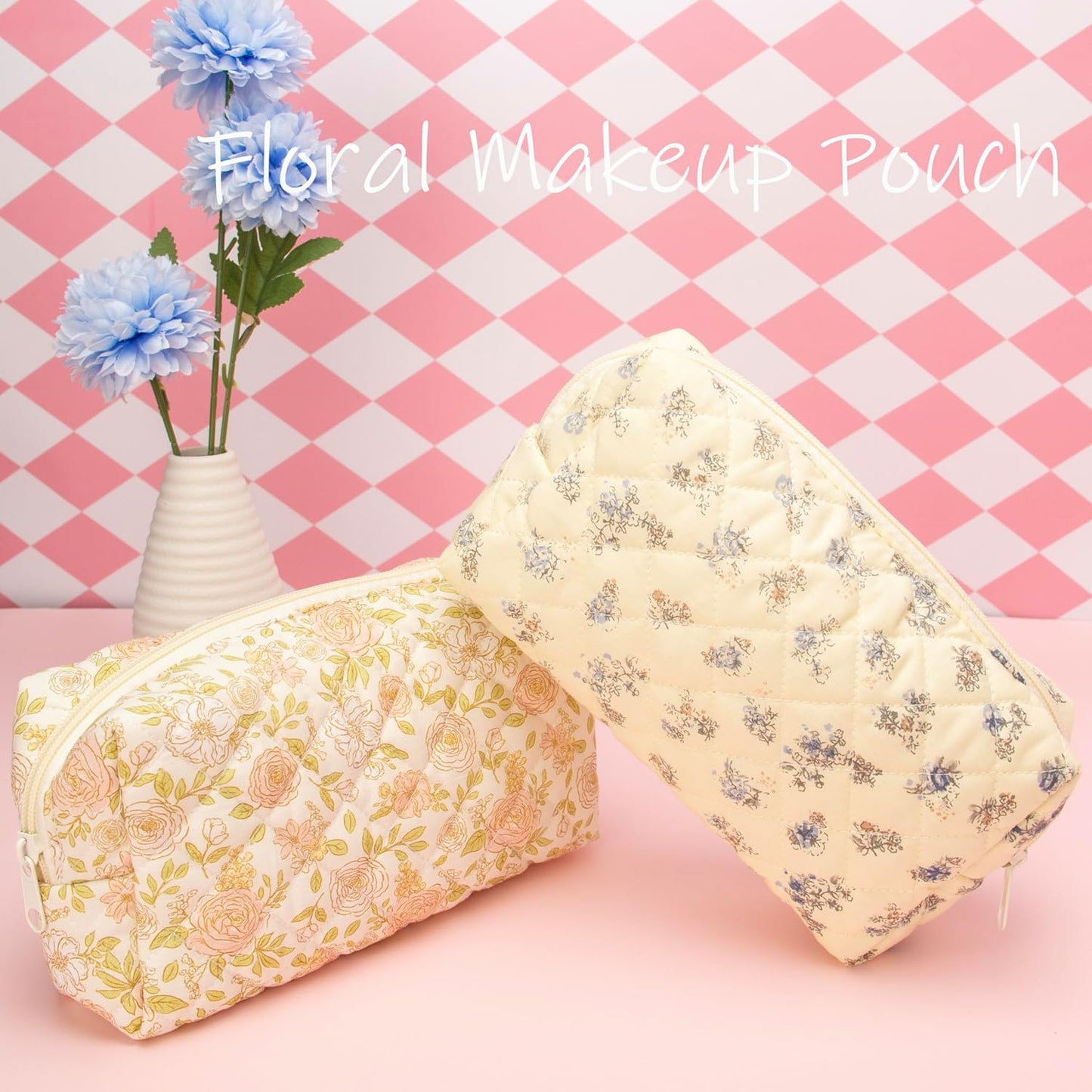 PAZIMIIK Vintage Quilted Makeup Bag Cosmetic Pouch for Brushes Pencils and Travel Make Up Accessories for Women and Girls Floral Blue