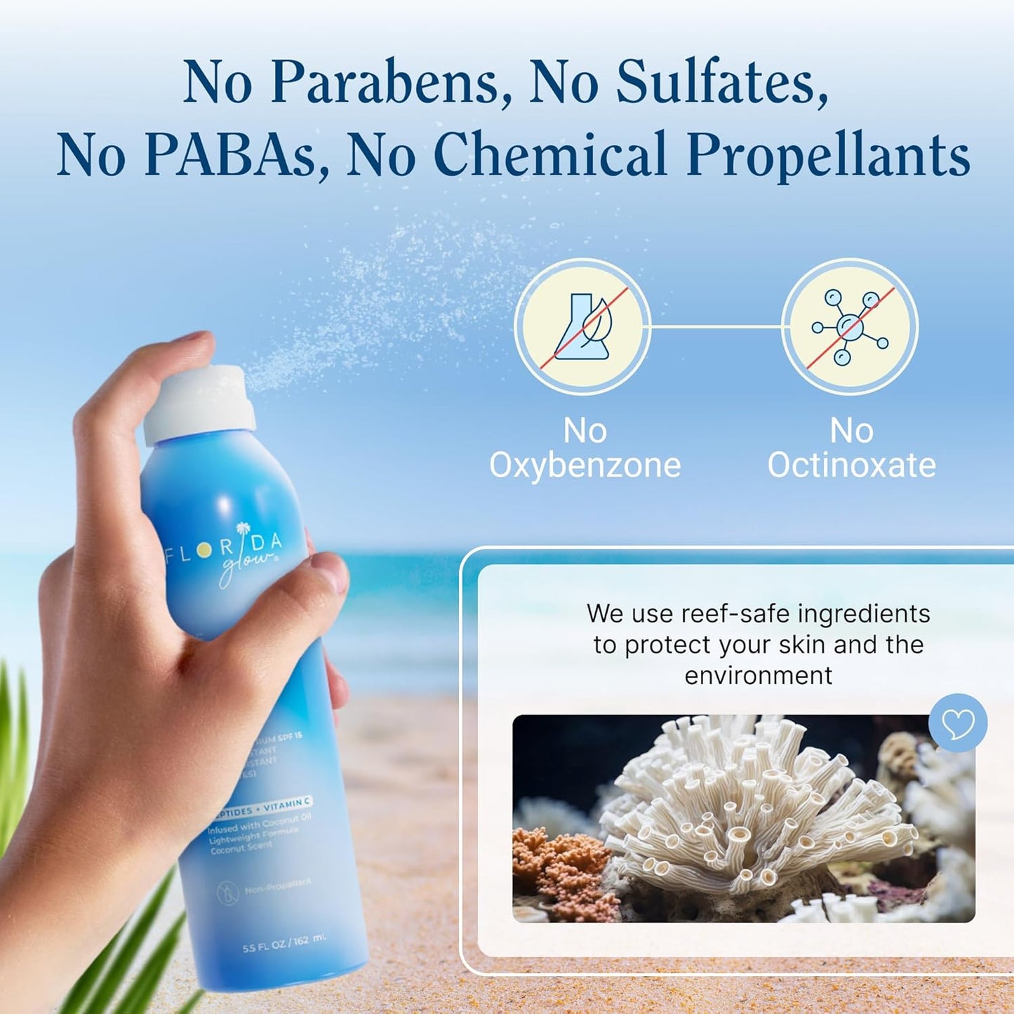 Florida Glow SPF 15 Sunscreen Spray - Hawaii 104 Reef Act & Florida Keys Compliant, Broad Spectrum, Water Resistant - Sun screen protector for face and body, PABA-Free & Oxybenzone Free (5.5 Fl Oz)