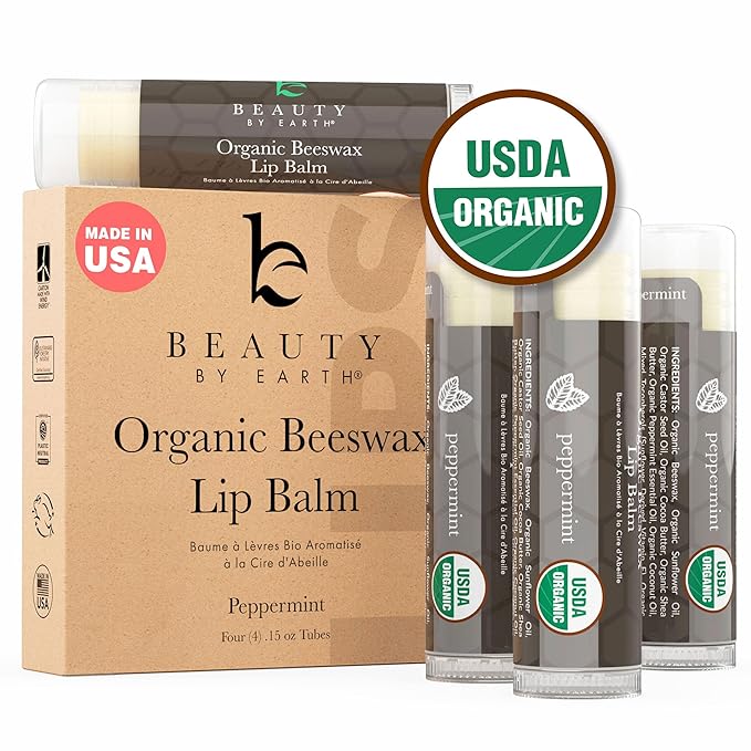Organic Lip Balm Peppermint - 4 Pack Organic Gifts for Women, All Natural Lip Balm Birthday Gifts for Her & Him, Lip Balm Hydrating Beauty Gifts for Adults, Women, Men, Teens & Kids, Lip Moisturizer