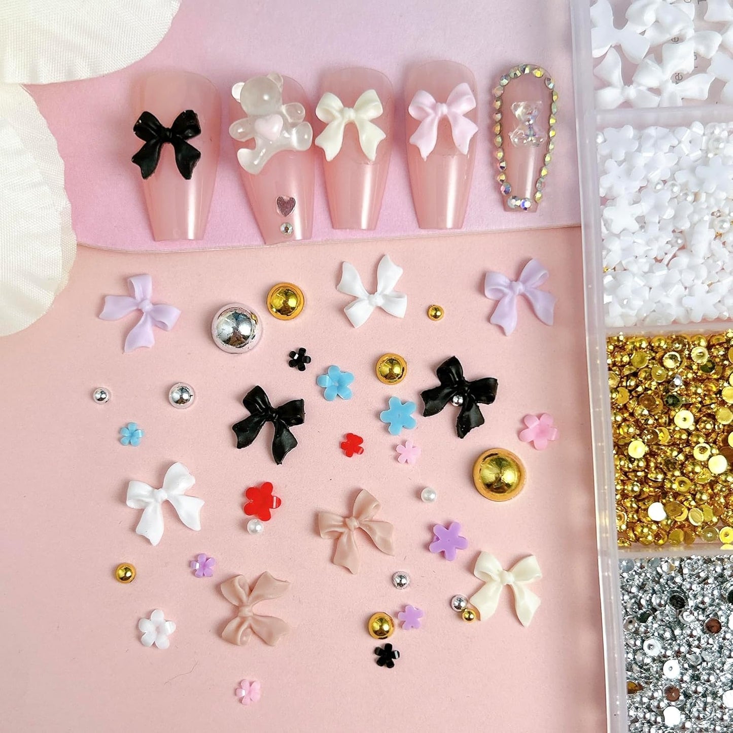 3D Bow Nail Charms Kit, Colorful Resin Flower Bowknot Nail Art, Mix Gold Silver Flatback Beads Charms for Manicure DIY Crafts Jewelry Accessories