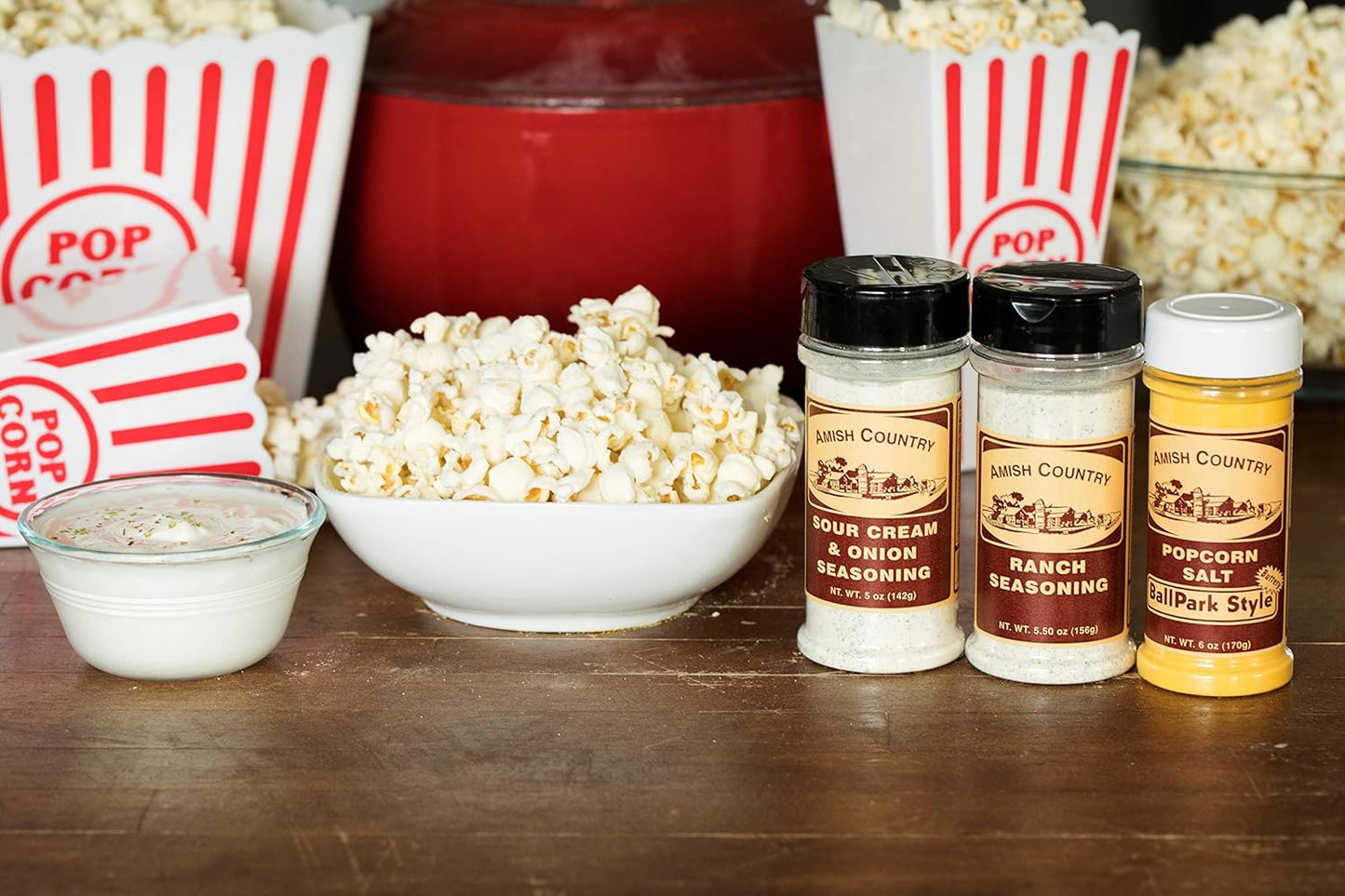 Amish Country Popcorn | Seasoning Variety Pack | Ballpark Style ButterSalt - 5.5 oz, Ranch - 5.5 oz & Sour Cream and Onion - 4.7 oz Popcorn Seasoning | Old Fashioned, Non-GMO and Gluten Free