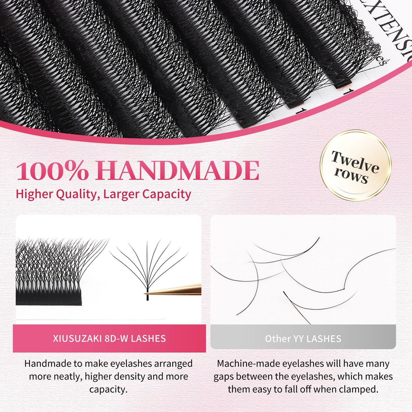 W Lash Extensions Supplies 8D Eyelash Extensions W Shape 0.07mm Thickness C Curl 11mm Premade Fans Easy Fan Lashes Volume Matte Black 12 Rows Crisscross Eye Lashes(W-8D-0.07-C,11mm)