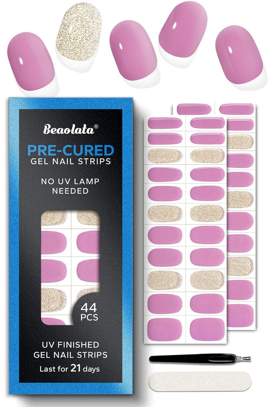 Pre Cured Gel Nail Strips - 44PCS Salon Quality Gel Nail Stickers - Long Lasting Polish Wraps for Women no UV Light Needed Easy Apply& Remove (Peach Pink)