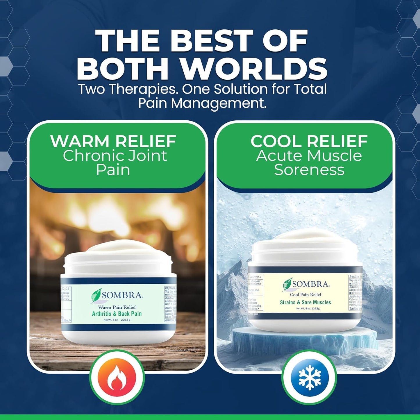 Sombra Warm & Cool Pain Relief Gel, Warm Relief for Arthritis and Chronic Pain Pre-Workout Muscle Rub, Cold for Swelling, Soreness, Post-Workout, Free of Artificial Fragrances, 8oz Per Jar