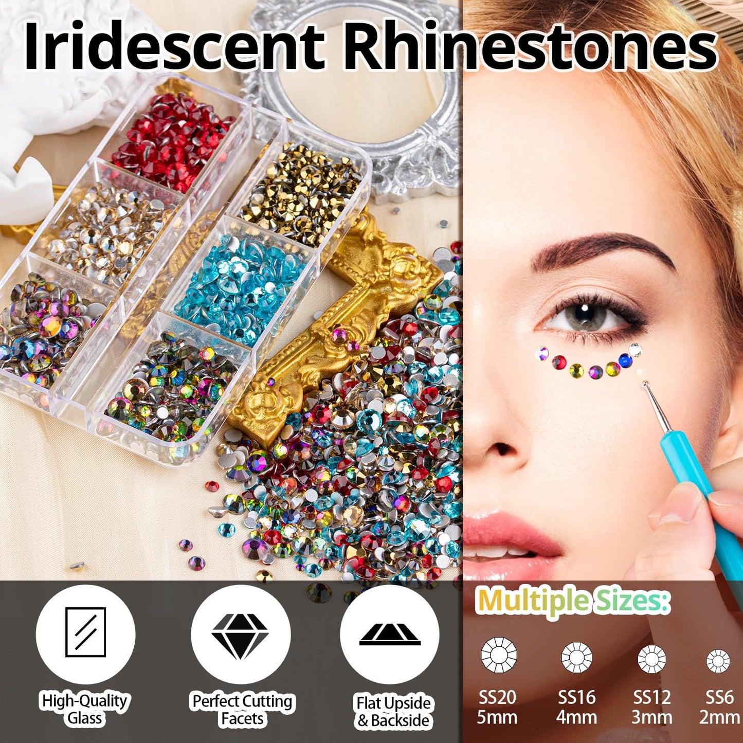 Colorful Face Gems for Makeup Set, Flatback Gorgeous Charming Mixed-Colored Chameleon Crystals with Makeup Glue+Picker Pencil+Tweezer for Eye Body Hair Make-up and Nail Art Deco
