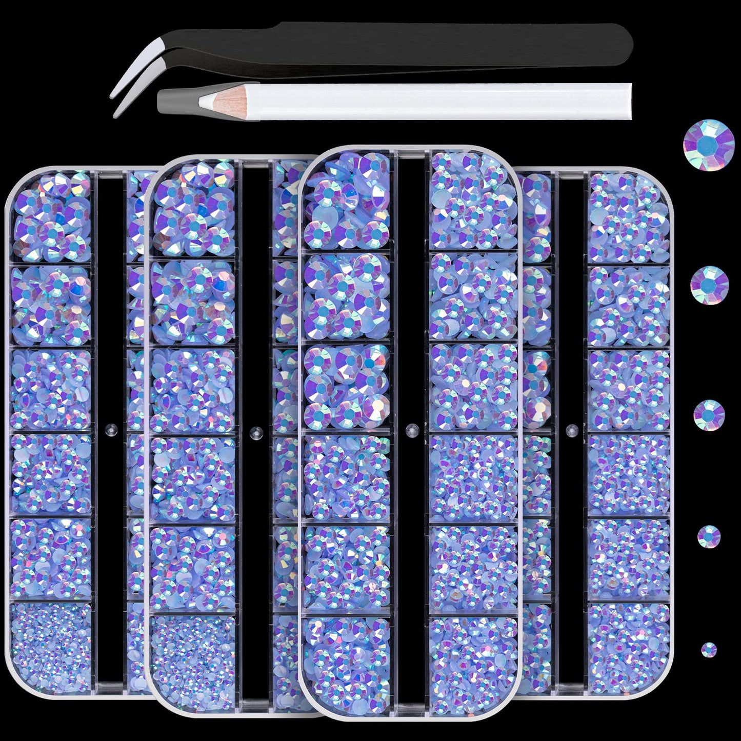 7000PCS Resin Rhinestones with Tweezers for Crafting, 2/3/4/5/6mm Flatback Jelly Rhinestones, 4 Box Sky Blue AB Non Hotfix Crystal Gems for DIY Crafts Mugs Tumblers Clothes Makeup Nail