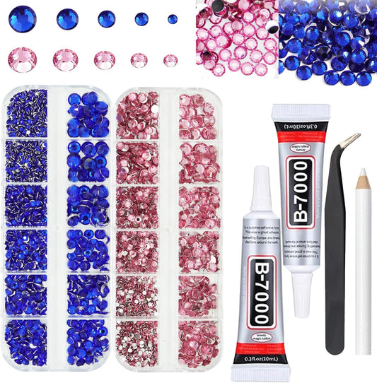 Rhinestones for Bedazzling with B7000 Glue, Pink and Navy Blue 2mm - 6mm (SS8-SS30) Non-Hotfix Flatback Dark Blue Diamonds Kit, Nail Crystals Gems Beads for Bedazzle Crafting, DIY Art Decoration