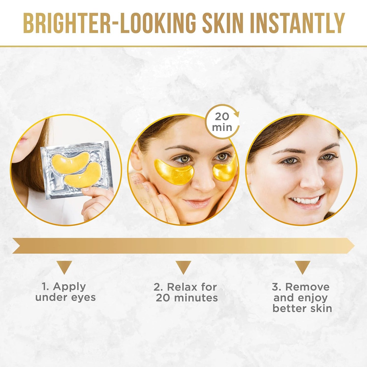 DERMORA Golden Glow Under Eye Patches (20 Pairs Eye Gels) - Rejuvenating Treatment for Dark Circles, Puffy Eyes, Refreshing, Revitalizing, Travel, Wrinkles