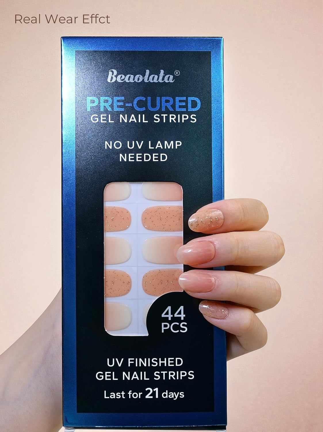 Pre Cured Gel Nail Strips - 44PCS Salon Quality Gel Nail Stickers - Long Lasting Polish Wraps for Women no UV Light Needed Easy Apply& Remove (Crush Gold）