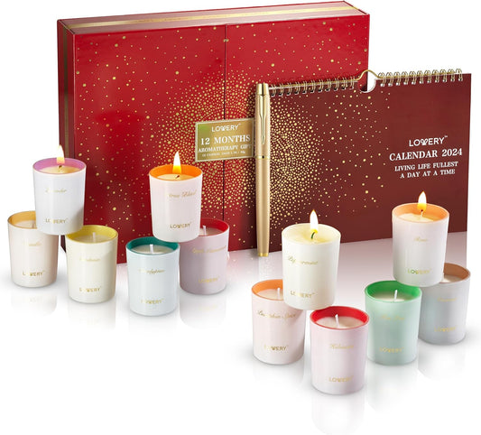 Womens Gifts, Candle Gifts for Women with 2024 Wall Calendar, 12 Unique Scented Aromatherapy Soy Candles & Gold Pen, 12 Month Advent Calendar, Home Candle Birthday Gift Set for Women & Men