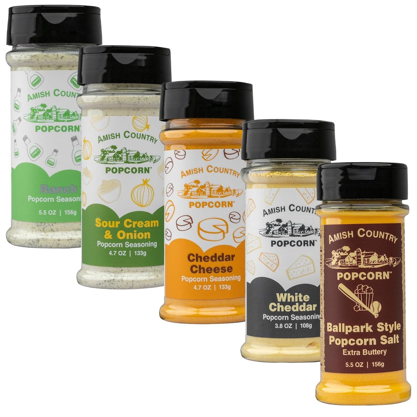Amish Country Popcorn | Seasoning Variety Pack | 5 Bottles | Ballpark Buttersalt, Cheddar Cheese, White Cheddar, Ranch, Sour Cream and Onion | Old Fashioned, Non-GMO and Gluten Free