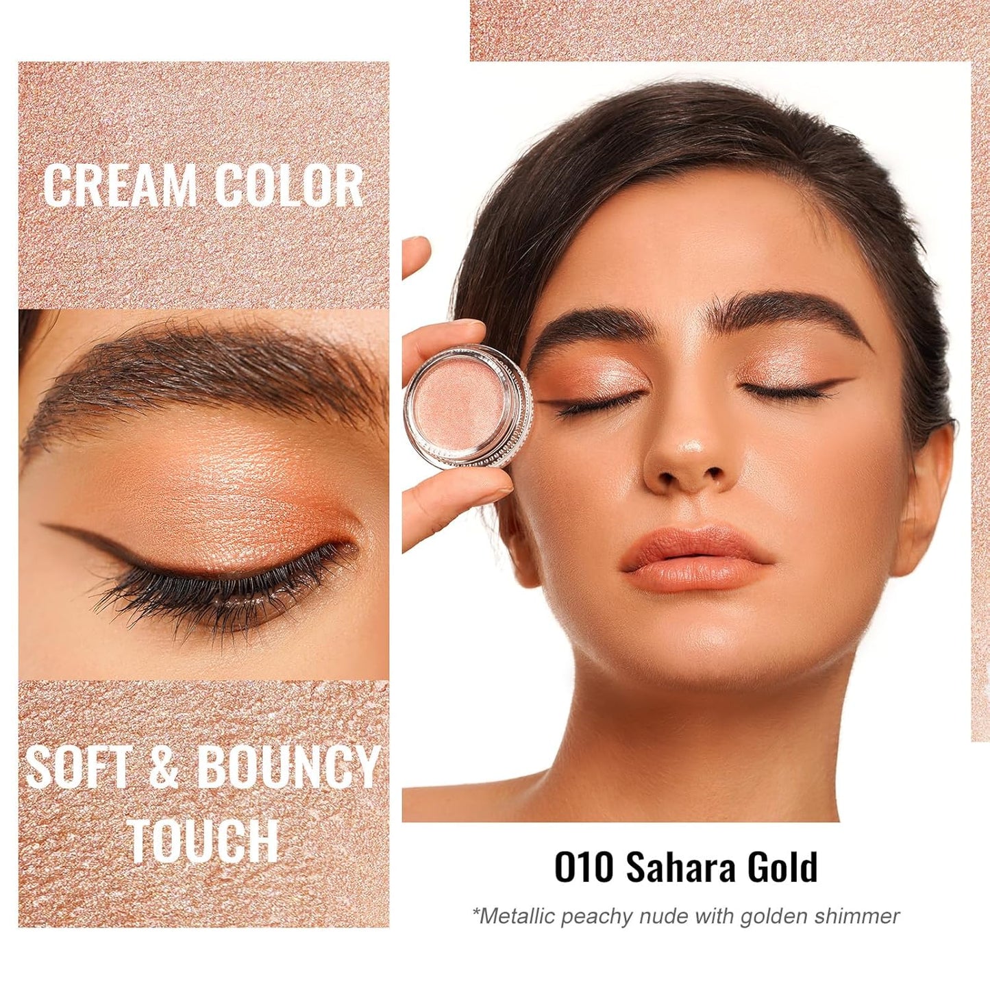 Oulac Nude Gold Cream Eyeshadow also for Highlighter Highly Pigmented Eye Shadow Waterproof&Long Lasting with Moisturizing Formula Blendable Shimmer Eye Make-up,Vegan & Cruelty-Free, 6g O10