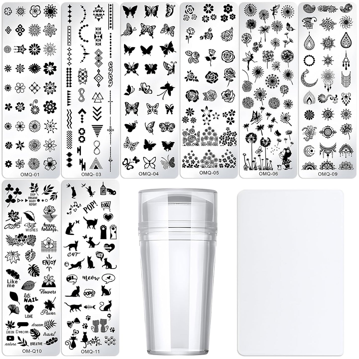 AddFavor Nail Stamper Kit 8pcs Stamping Plates Minimalist Geometric Butterfly Leaf Image Template for DIY Decorating Polish Gel Plate Print Stamper Manicure Stencils Tools