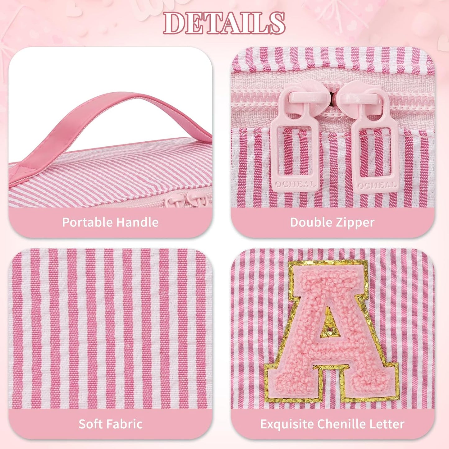 Travel Makeup Bag for Women, 2Pcs Portable Personalized Initial Makeup Organizer Bag, Open Flat Large Cosmetic Bag With Travel Essential Pouch (Pink Letter J)