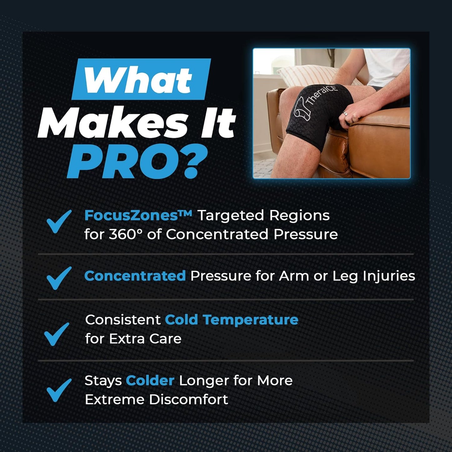 TheraICE Knee Ice Pack Wrap PRO Compression Sleeve, Reusable Gel Cold Packs Brace Also for Elbow, Ankle & Calf - Flexible Cold Wrap Recovery, FocusZone Technology for Extra Cooling & Pressure