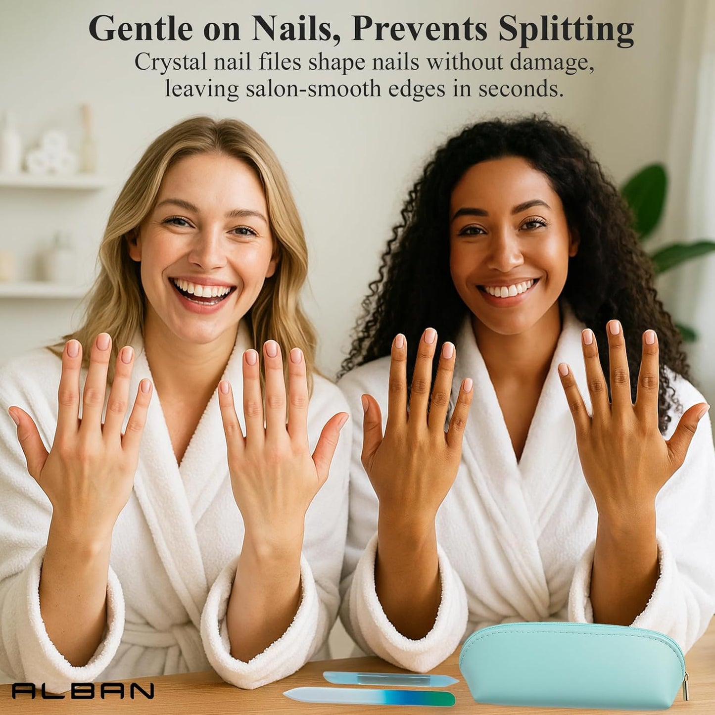 Alban Czech Glass Nail File Set with Manicure Stick & Vegan Leather Cosmetic Case (Green-Blue Nail Files, Light Blue Manicure Stick & Cosmetic Case)