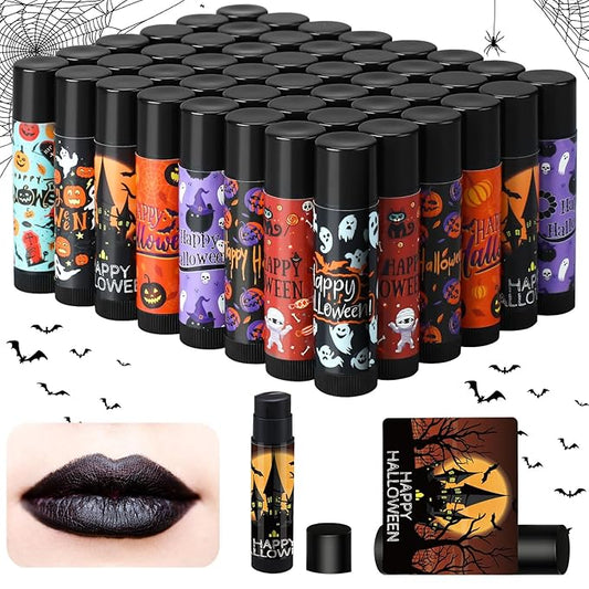 48 Pcs Halloween Spooky Lip Balm Gifts Bulk Black Lip Moisturizers Makeup Lipstick Ghost Spiderweb Skull Bat, Honey Flavor for Halloween Party Treat Bag Stuffers Women Men Adults