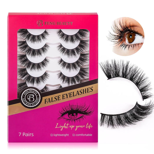Dramatic Cat Eye Lashes - Fluffy Volume False Eyelashes with Lightweight Comfort, Easy Apply Winged Style (8-16mm), Reusable Glam Lashes for All Eye Shapes, 7 Pairs Full-Strip Lashes