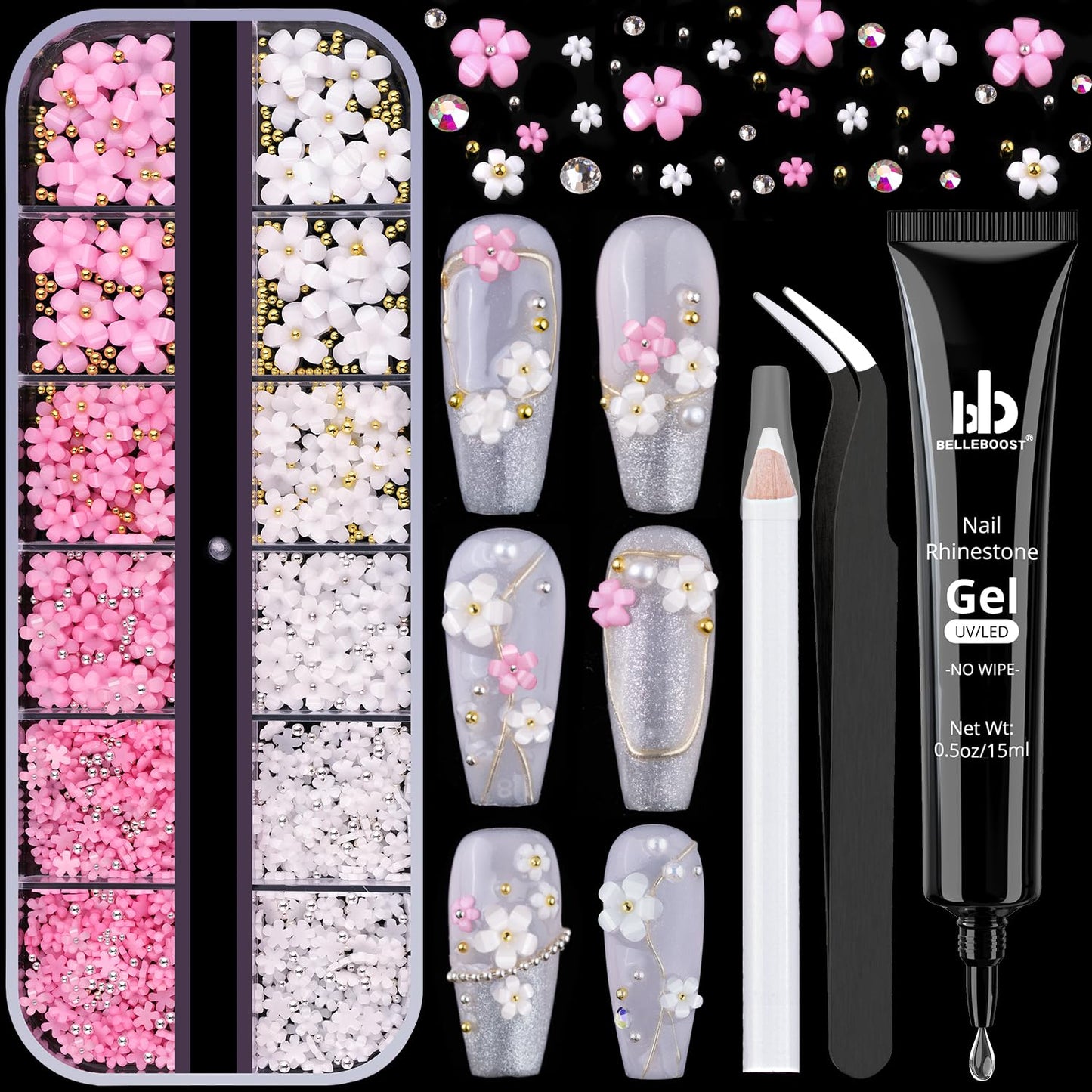 3D Flowers Manicure Gems with Nail Rhinestone Glue Gel, White Pink Acrylic Flower Charms Caviar Beads, Rhinestones for Nails Gem (UV/LED Needed) Dotting Tools