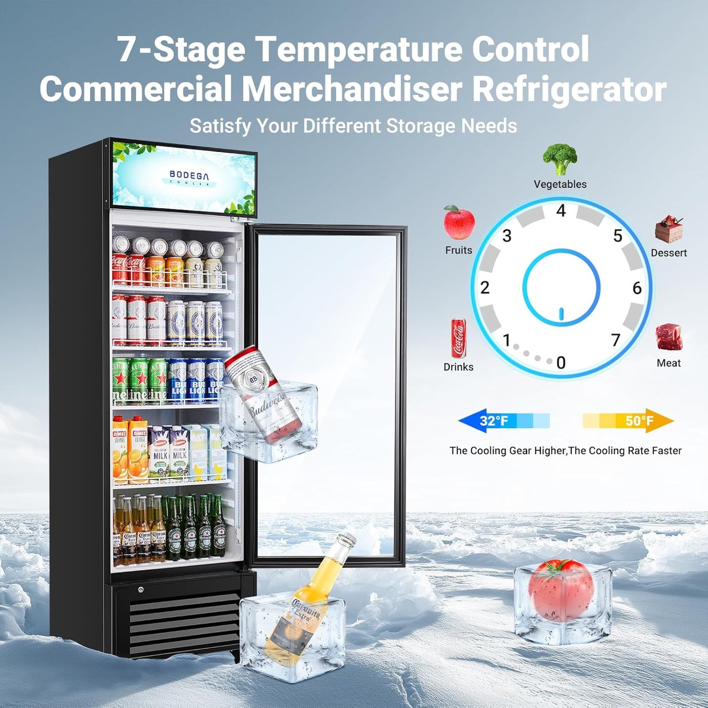 BODEGACOOLER Beverage Refrigerator and Cooler, 10.0 Cu. Ft Commercial Refrigerators For Man Cave, Display Refrigerator with Soft LED Light. 4 Shelves Merchandiser Refrigerators as Black Bar Cooler.