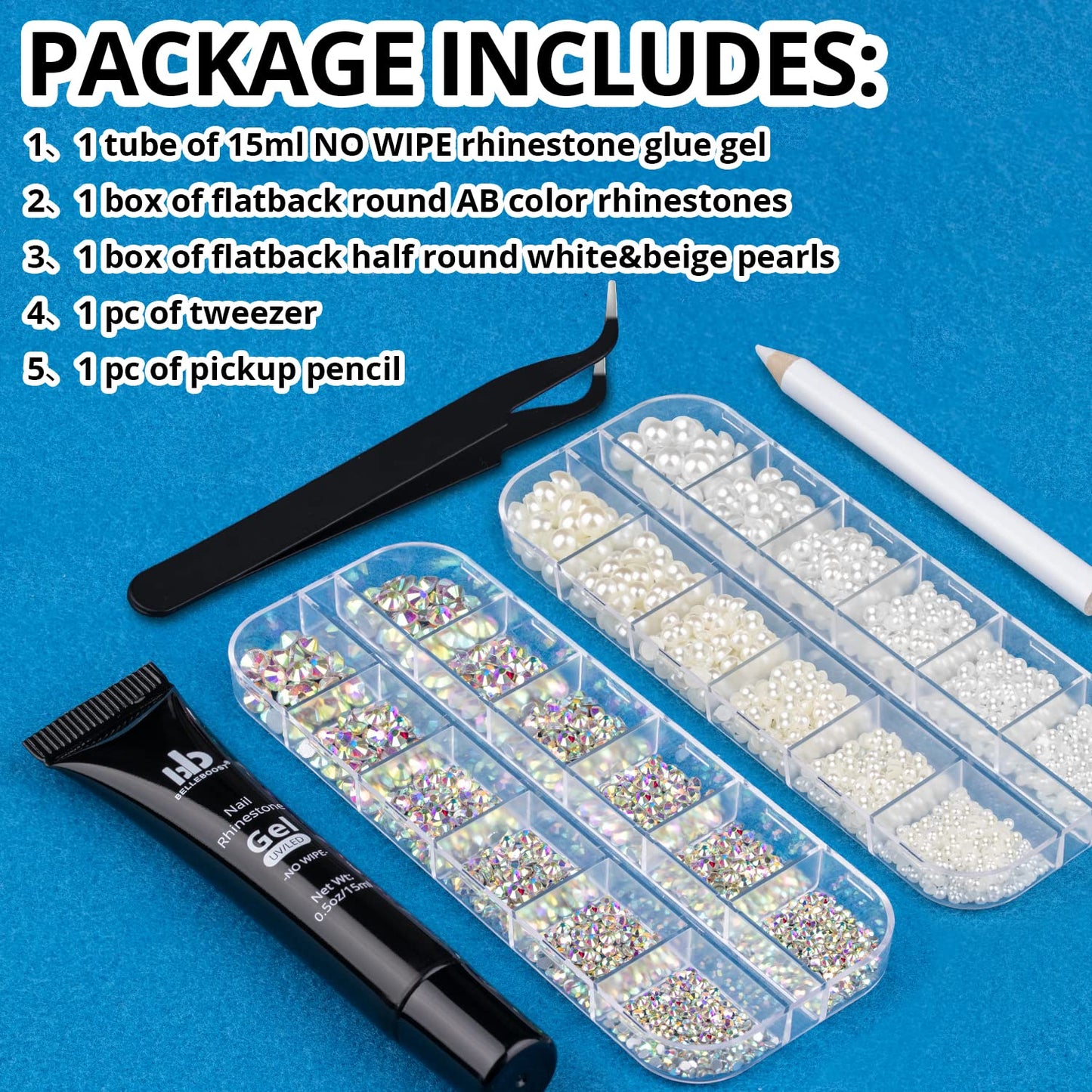 Nail Art Rhinestone Glue Gel&2 Boxes Flatback Gems Kit, 1 Tube of 15ml Rhinestone Gel Glue(UV/LED Needed)+Round AB Gems+Flat-Back Half Round White&Beige Pearls with Pickup Tools