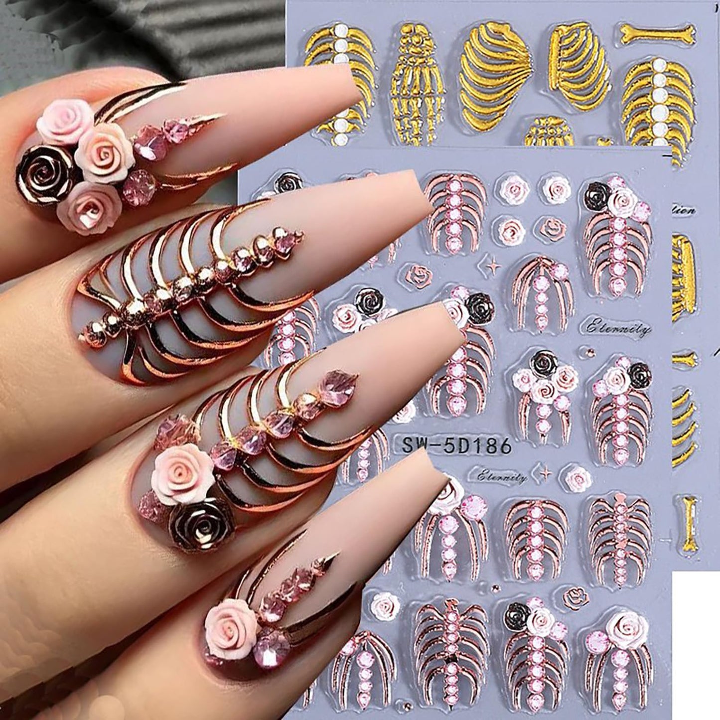 Halloween Nail Art Stickers 5D Relief Skeleton Hand Rose Flowers Nail Decals Self -Adhesive Gold Rose Gold White Nail Decals Holographic Halloween Nail Decoration for Women Manicure Supplies