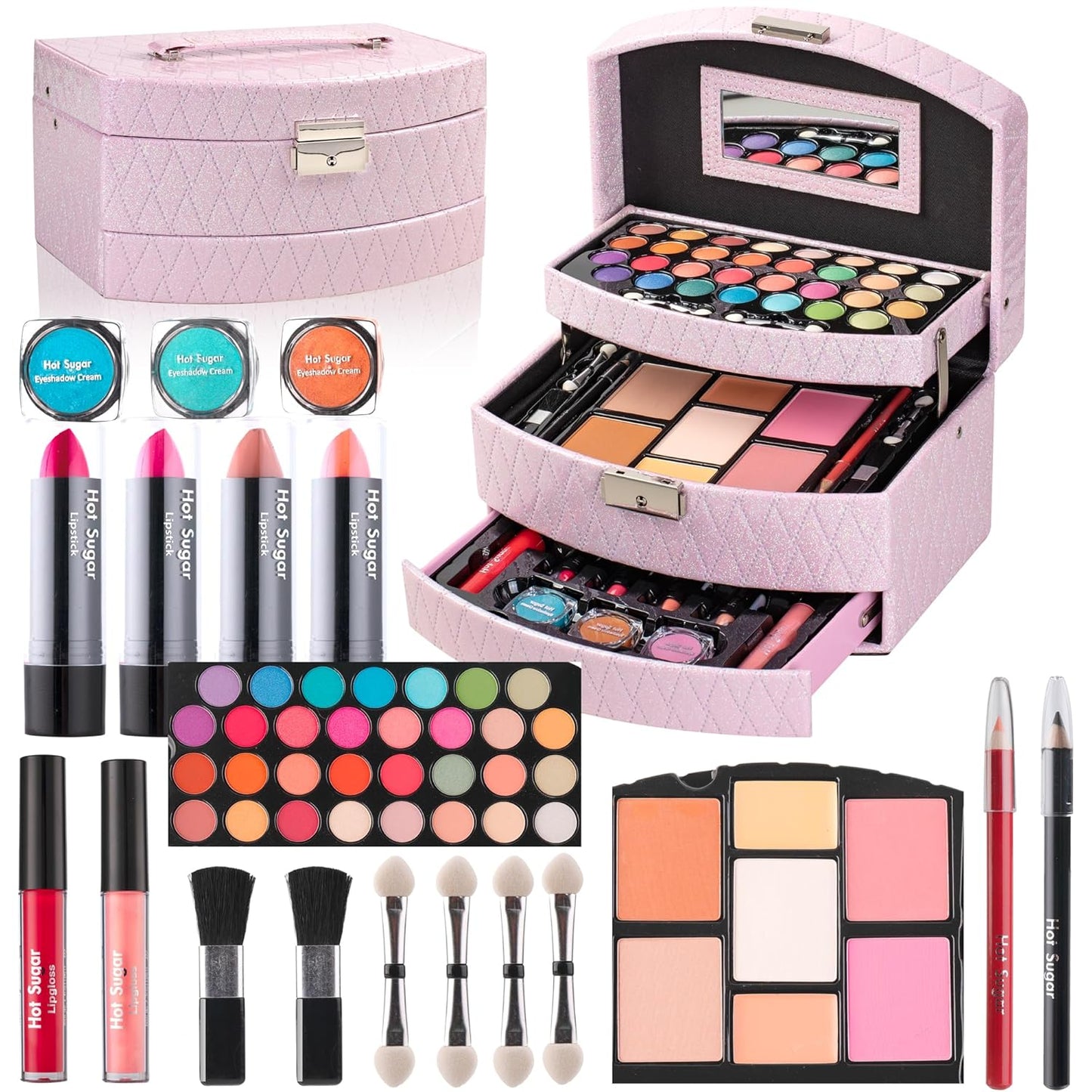 Hot Sugar Girls Makeup Kit for Birthday Gift, All in One Beginner Makeup Kit for Women Full Kit, Christmas Makeup Set for Teens 10 12 13 16 Includes Real Cosmetics and Makeup Tools (PINK)