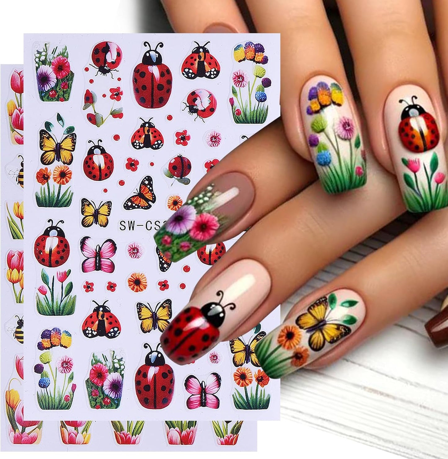 Flower Stickers Nail Art Decals 12PCS Summer Nail Art Designs with Tweezers Tulip Butterfly Leaf Florals Ladybug Decals 3D Self-Adhesive Manicure Simple Nail Stickers for Women Acrylic Nails Supplies