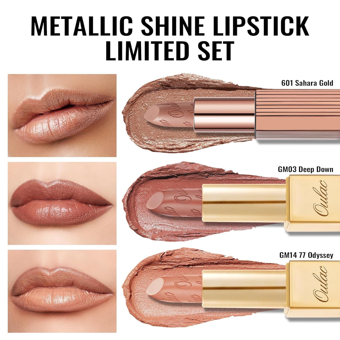 Oulac Metallic Nude Lipstick Set 3PCS, Comfortable Creamy Texture, Smooth No Grainy Feeling, Vegan & Gluten Free, Full-Coverage Lip Makeup, 3 X 4.3 g, 601+GM03+GM14
