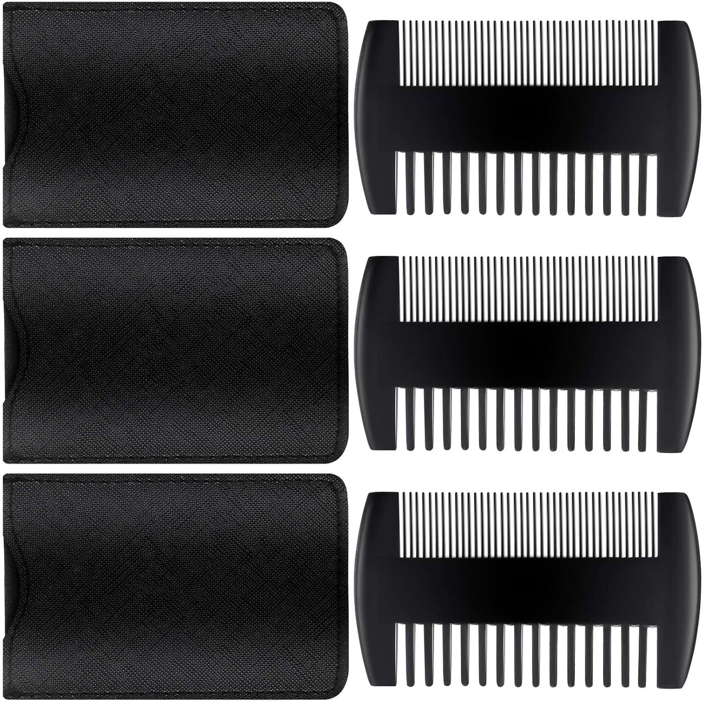 Sandalwood Beard Comb Set with Faux Leather Case - Dual Action Teeth for Mustaches and Beards (Black, 3 Combs + 3 Cases)